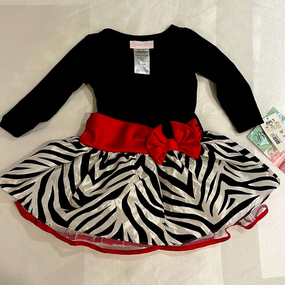 Zebra print Bonnie Baby 12mo Velvet dress with red bow detail